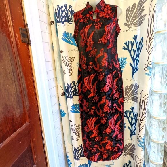 VTG 00s Black Cheongsam Wiggle Dress Red Dragon Design Size L - Picture 1 of 16